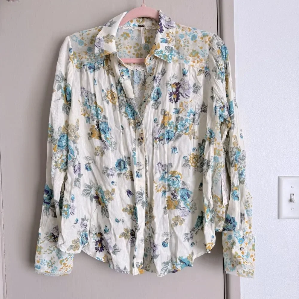 Free People Cream Blue Yellow Floral Hold On To Me Long Sleeve Button Up Top